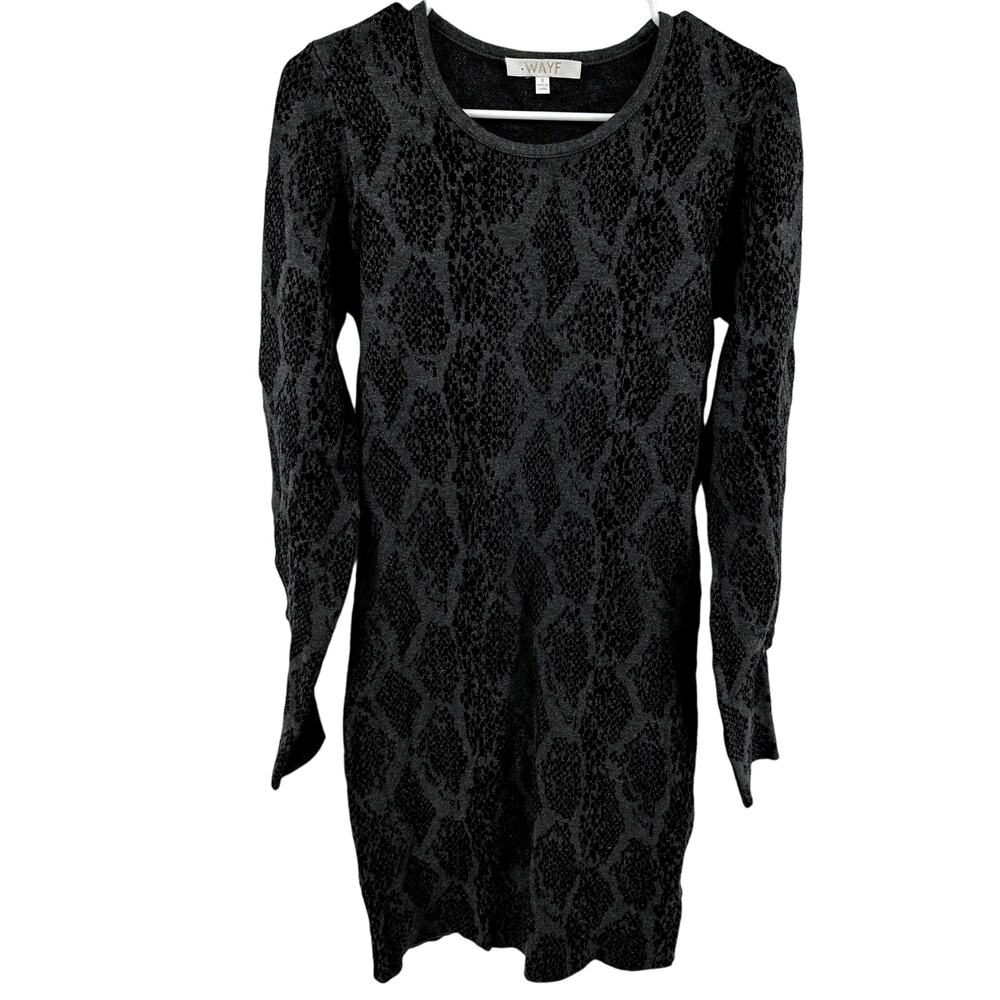 WAYF Sweater Dress Balloon Sleeve Printed Pullover Stretch Black Gray Small